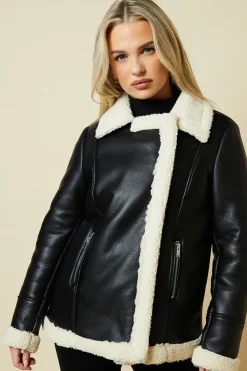 Petite Faux Leather Longline Aviator Jacket