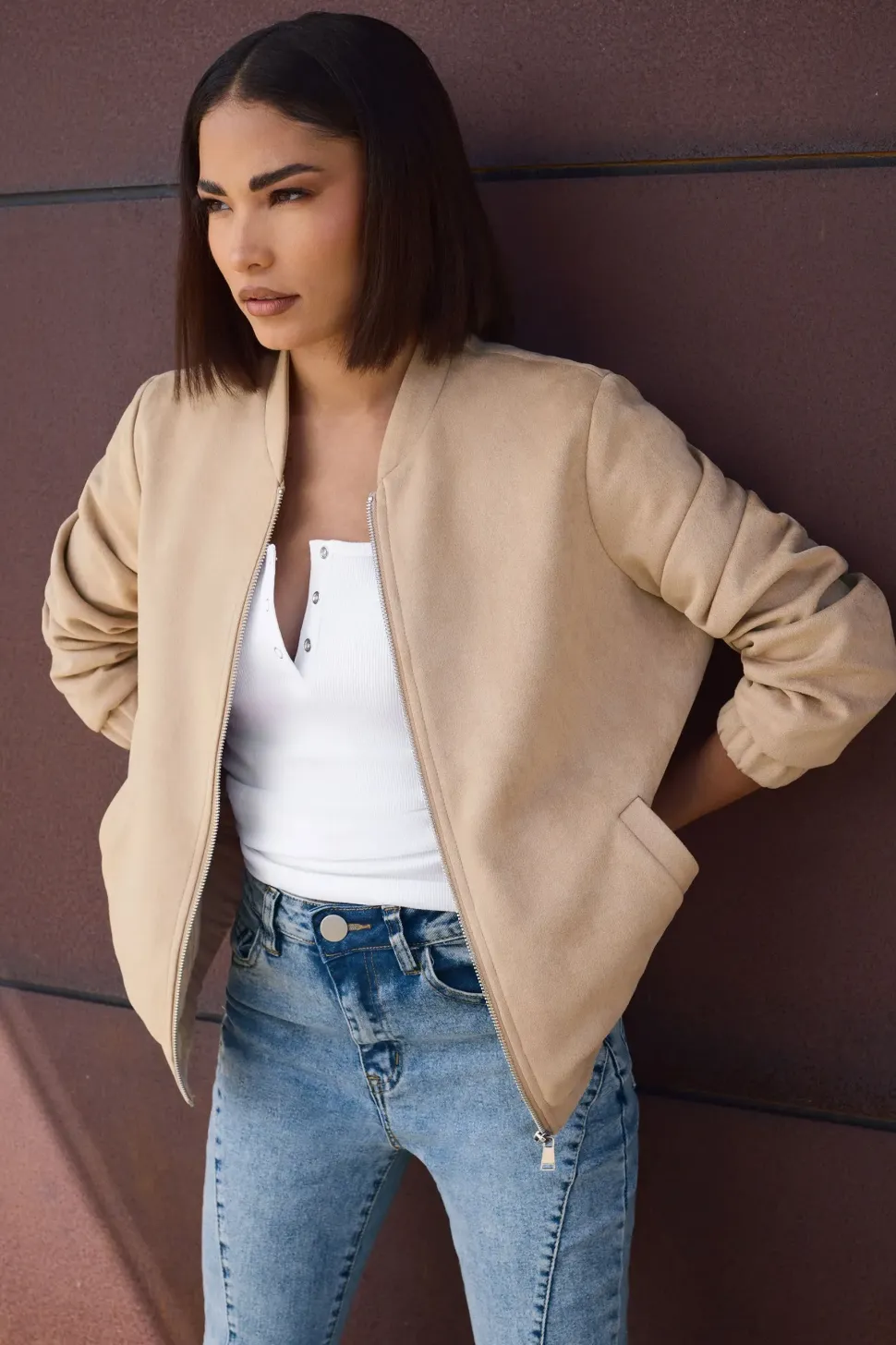 Petite Faux Suede Bomber Jacket