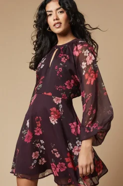 Petite Floral Chiffon Keyhole Mini Dress