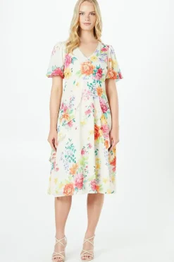 Petite Floral Dobby Lace Trim Ruffle Midi Dress