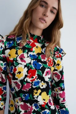 Petite Floral Flippy Mock Neck Midi Dress