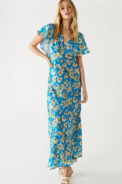 Petite Floral Fluted Sleeve Maxi Tea Dress