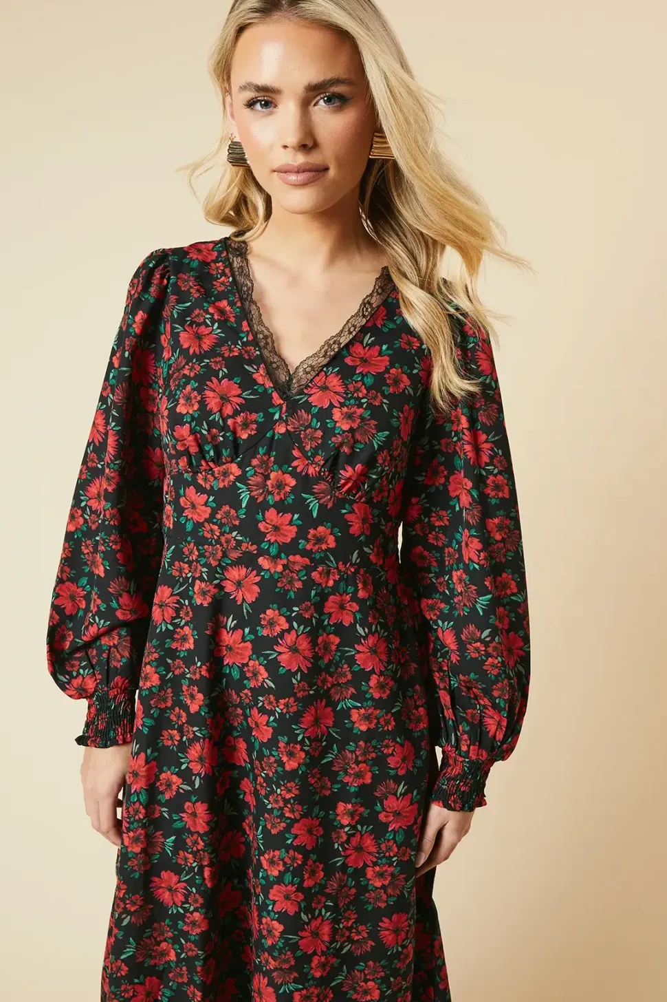 Petite Floral Lace Trim Midi Dress