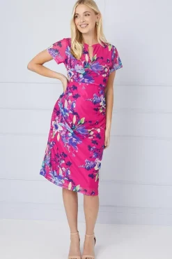 Petite Floral Mesh Ruched Midi Dress