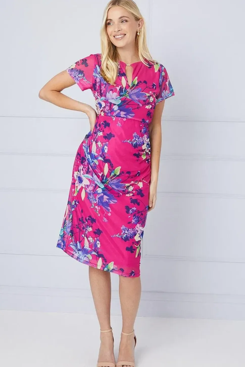Petite Floral Mesh Ruched Midi Dress