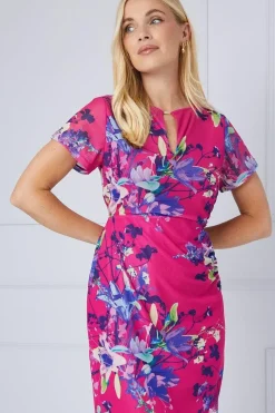 Petite Floral Mesh Ruched Midi Dress