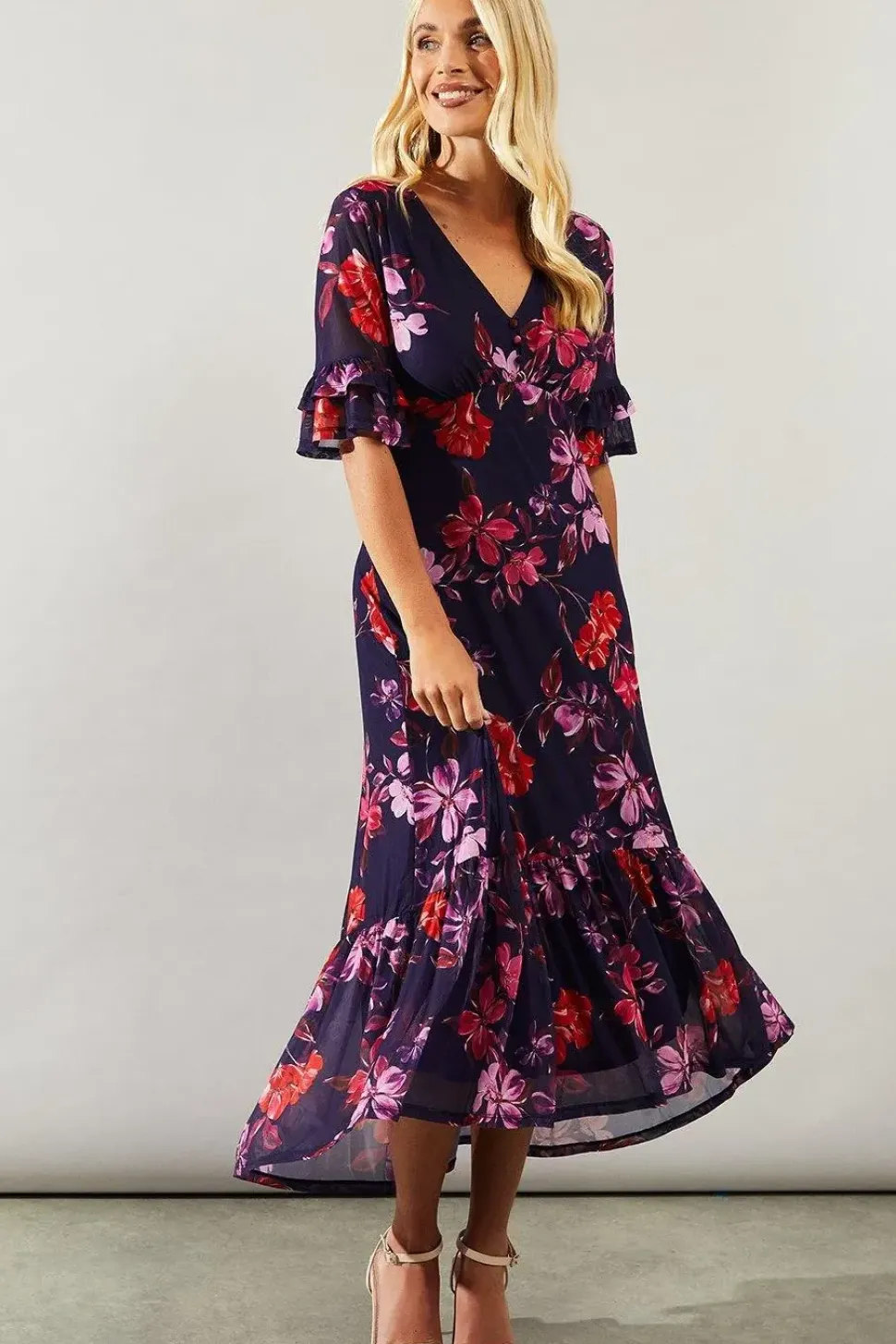 Petite Floral Mesh Ruffle Sleeve Midaxi Dress