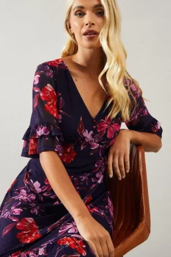 Petite Floral Mesh Ruffle Sleeve Midaxi Dress