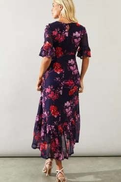 Petite Floral Mesh Ruffle Sleeve Midaxi Dress