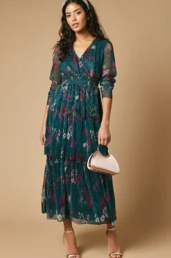 Petite Floral Metallic Plisse Shirred Waist Tiered Maxi Dress