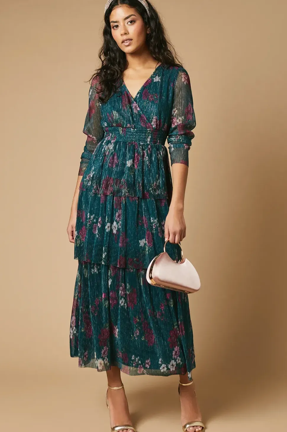 Petite Floral Metallic Plisse Shirred Waist Tiered Maxi Dress