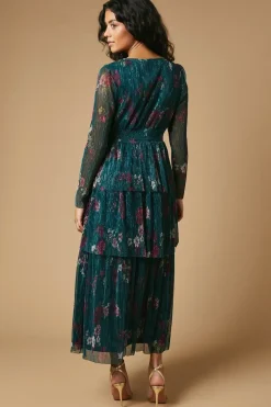 Petite Floral Metallic Plisse Shirred Waist Tiered Maxi Dress