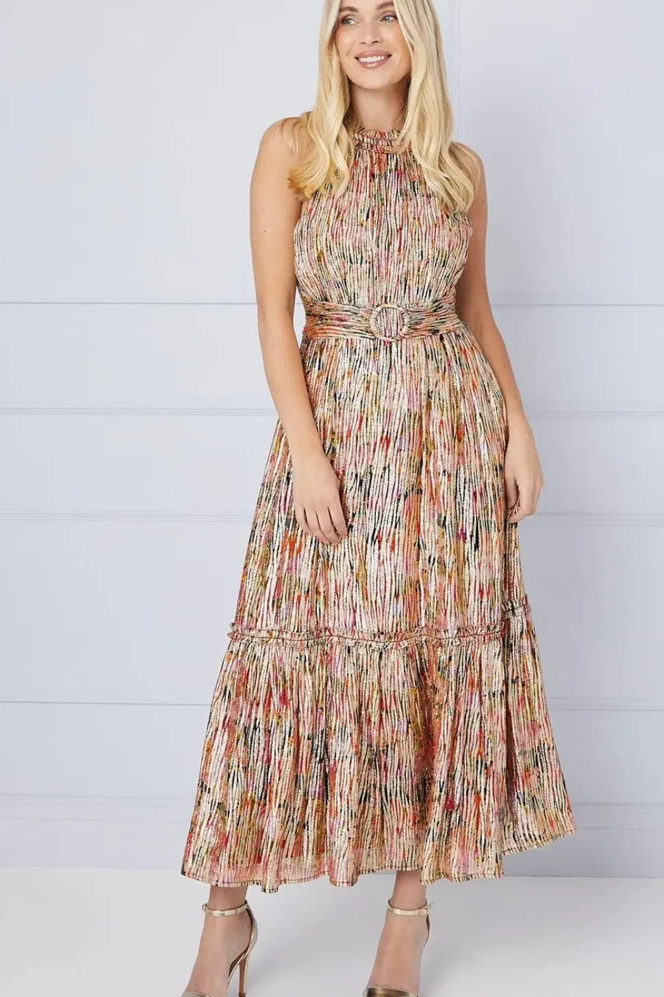 Petite Floral Metallic Ruffle Halterneck Midaxi Dress