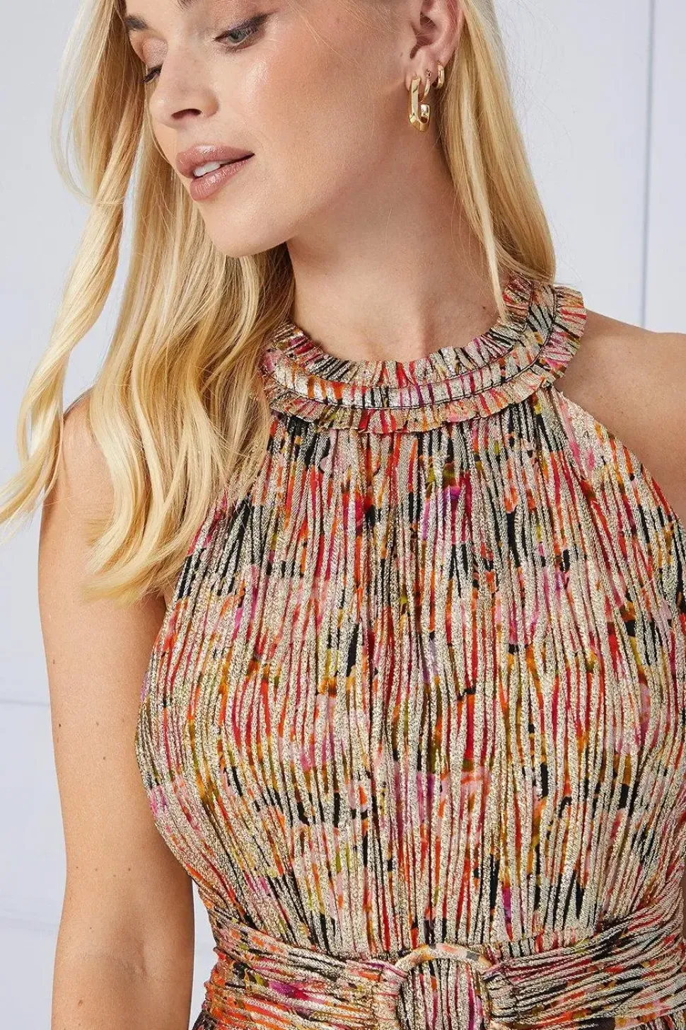 Petite Floral Metallic Ruffle Halterneck Midaxi Dress