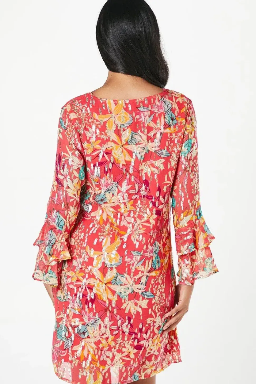 Petite Floral Metallic Ruffle Sleeve Shift Dress