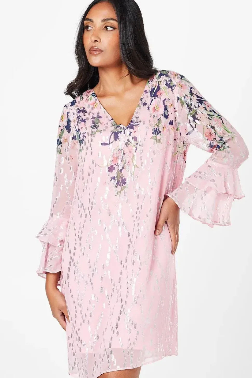 Petite Floral Metallic Ruffle Sleeve Shift Dress
