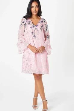 Petite Floral Metallic Ruffle Sleeve Shift Dress