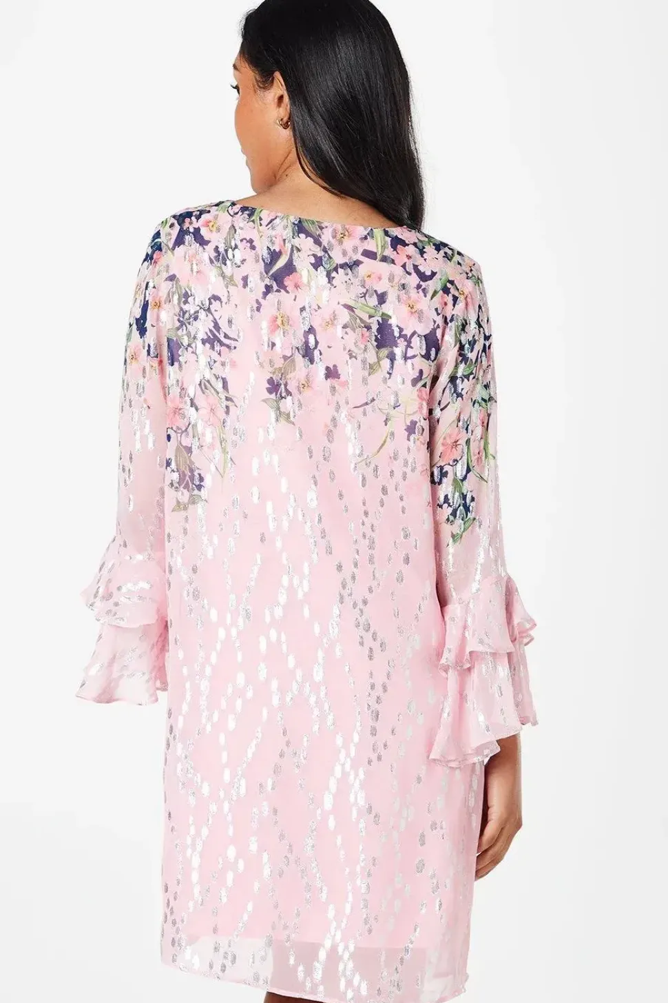 Petite Floral Metallic Ruffle Sleeve Shift Dress