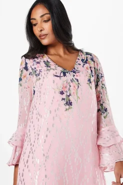 Petite Floral Metallic Ruffle Sleeve Shift Dress