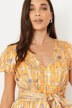 Petite Floral Metallic  Stripe Chiffon Bow Front Puff Sleeve Mini Dress
