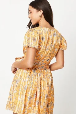 Petite Floral Metallic Stripe Chiffon Bow Front Puff Sleeve Mini Dress