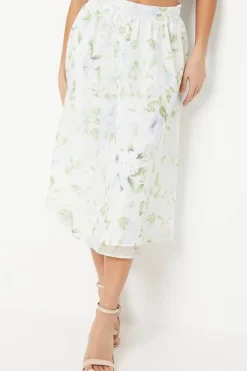 Petite Floral Organza Pleated Midi Skirt