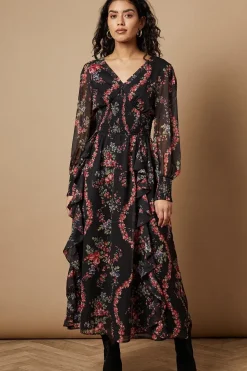 Petite Floral Printed Ruffle Detail Shirred Waist Midaxi Dress
