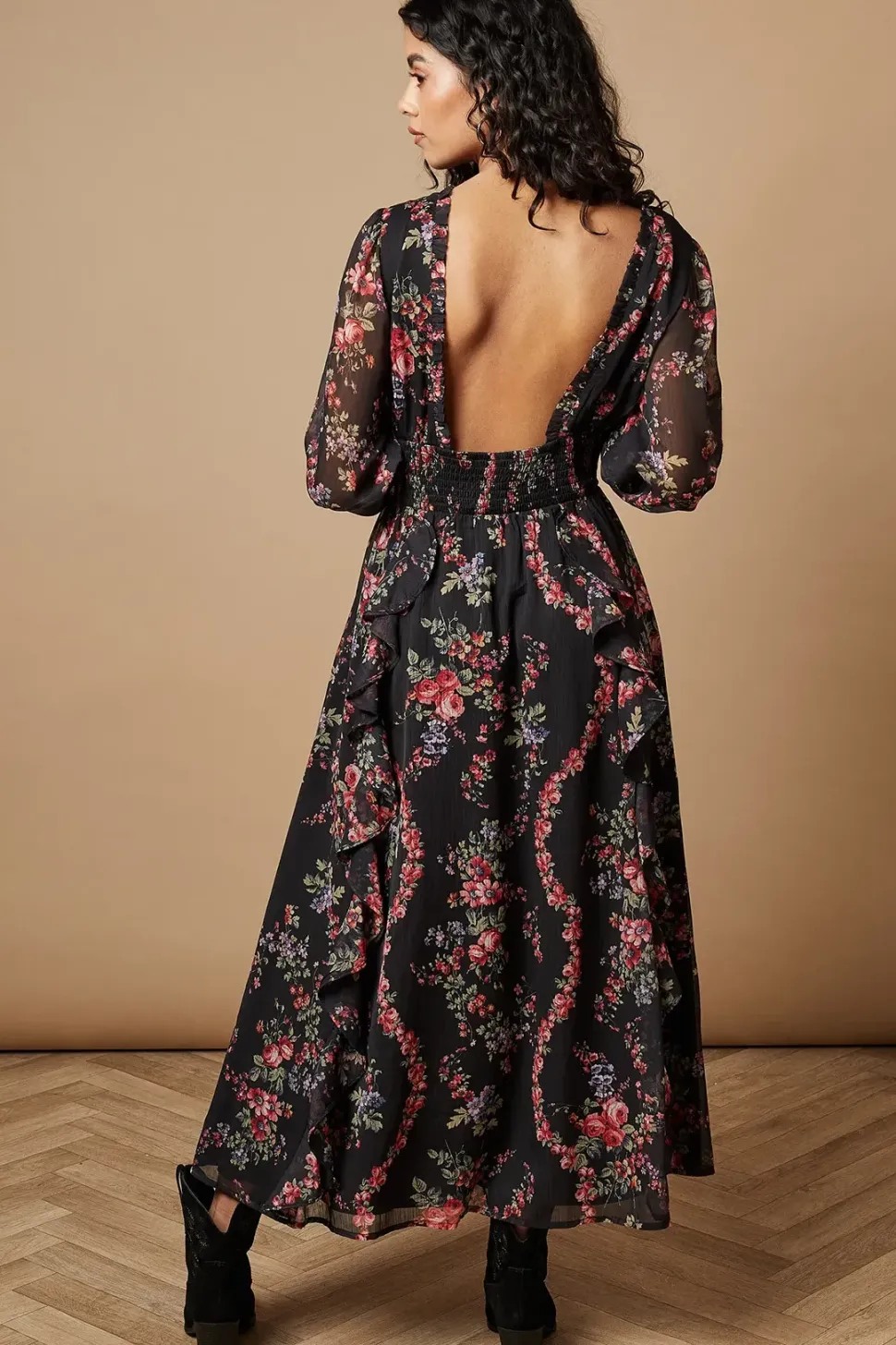 Petite Floral Printed Ruffle Detail Shirred Waist Midaxi Dress