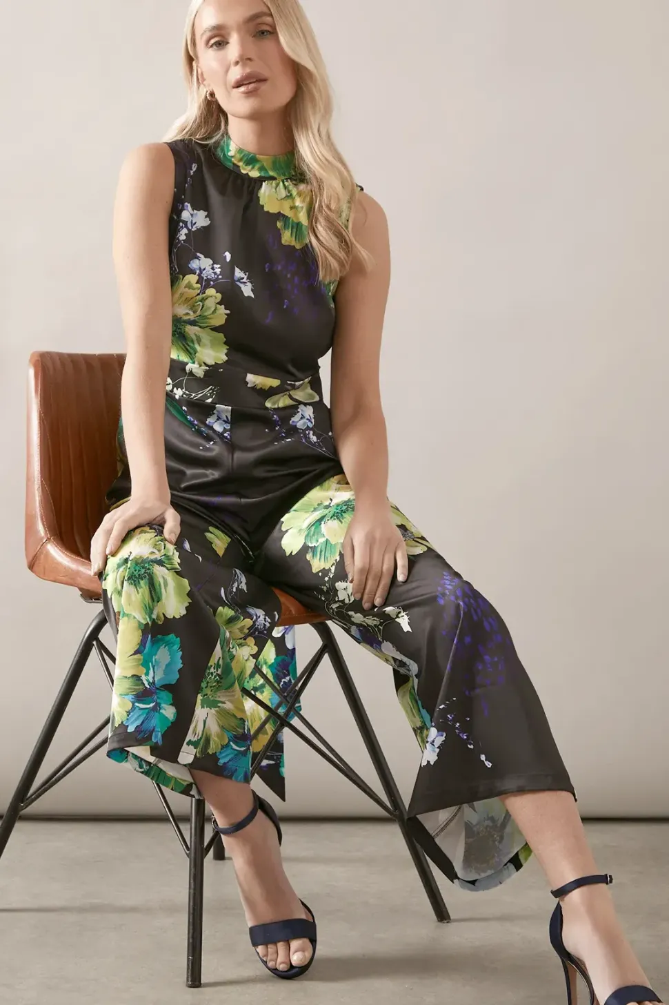 Petite Floral Printed Satin Belted Jumpsuit