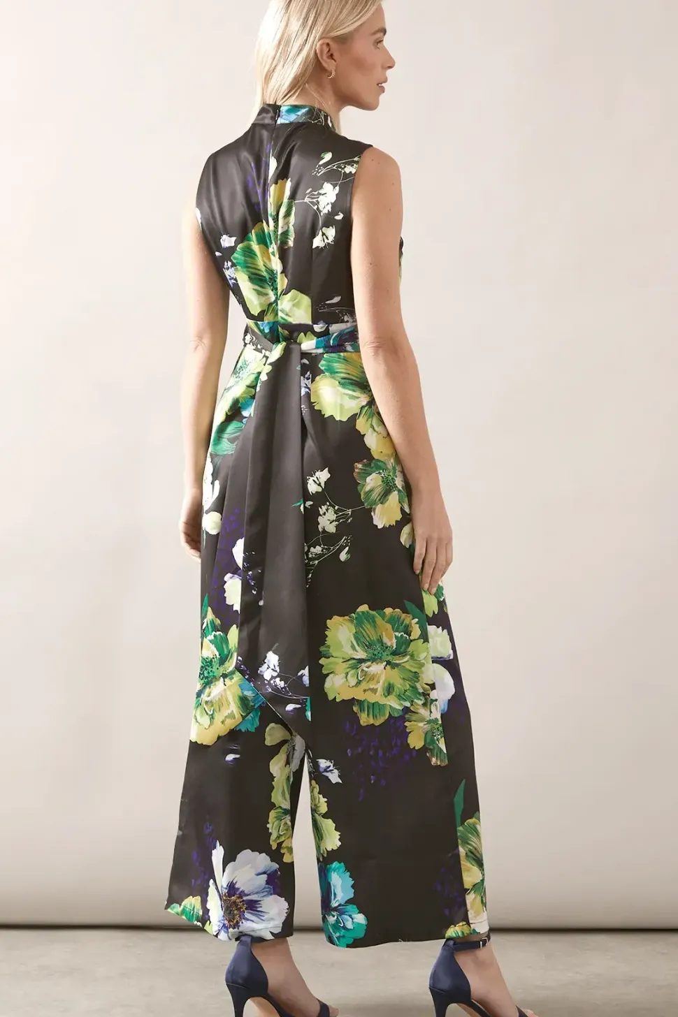 Petite Floral Printed Satin Belted Jumpsuit