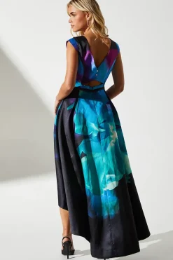 Petite Floral Print High Low Hem Wedding Guest Dress In Twill