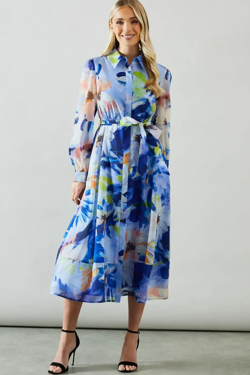 Petite Floral Print Organza Shirt Midi Dress