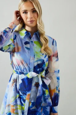 Petite Floral Print Organza Shirt Midi Dress