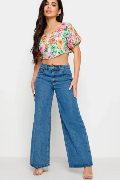 Petite Floral Print Puff Sleeve Crop Top