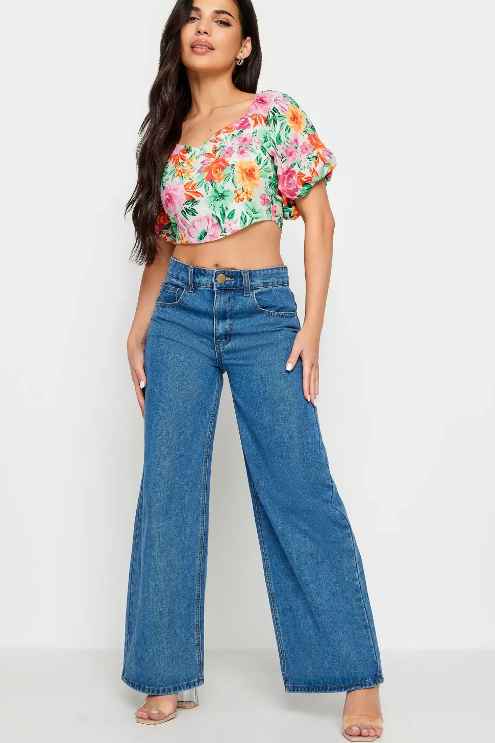 Petite Floral Print Puff Sleeve Crop Top