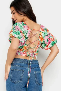 Petite Floral Print Puff Sleeve Crop Top