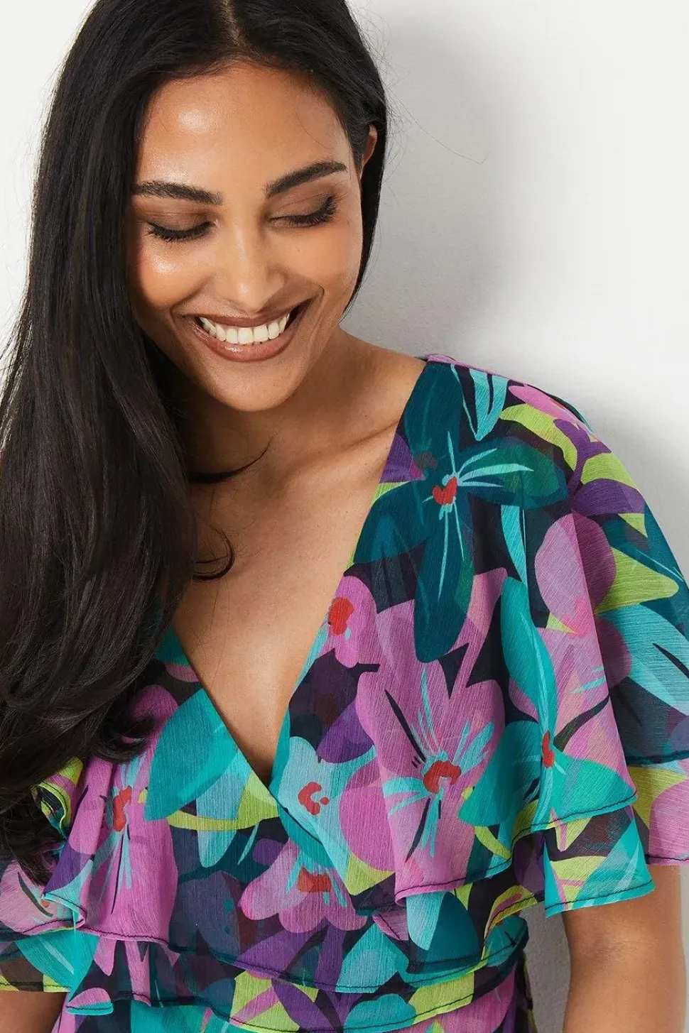 Petite Floral Print Ruffle Sleeve Wrap Maxi Dress