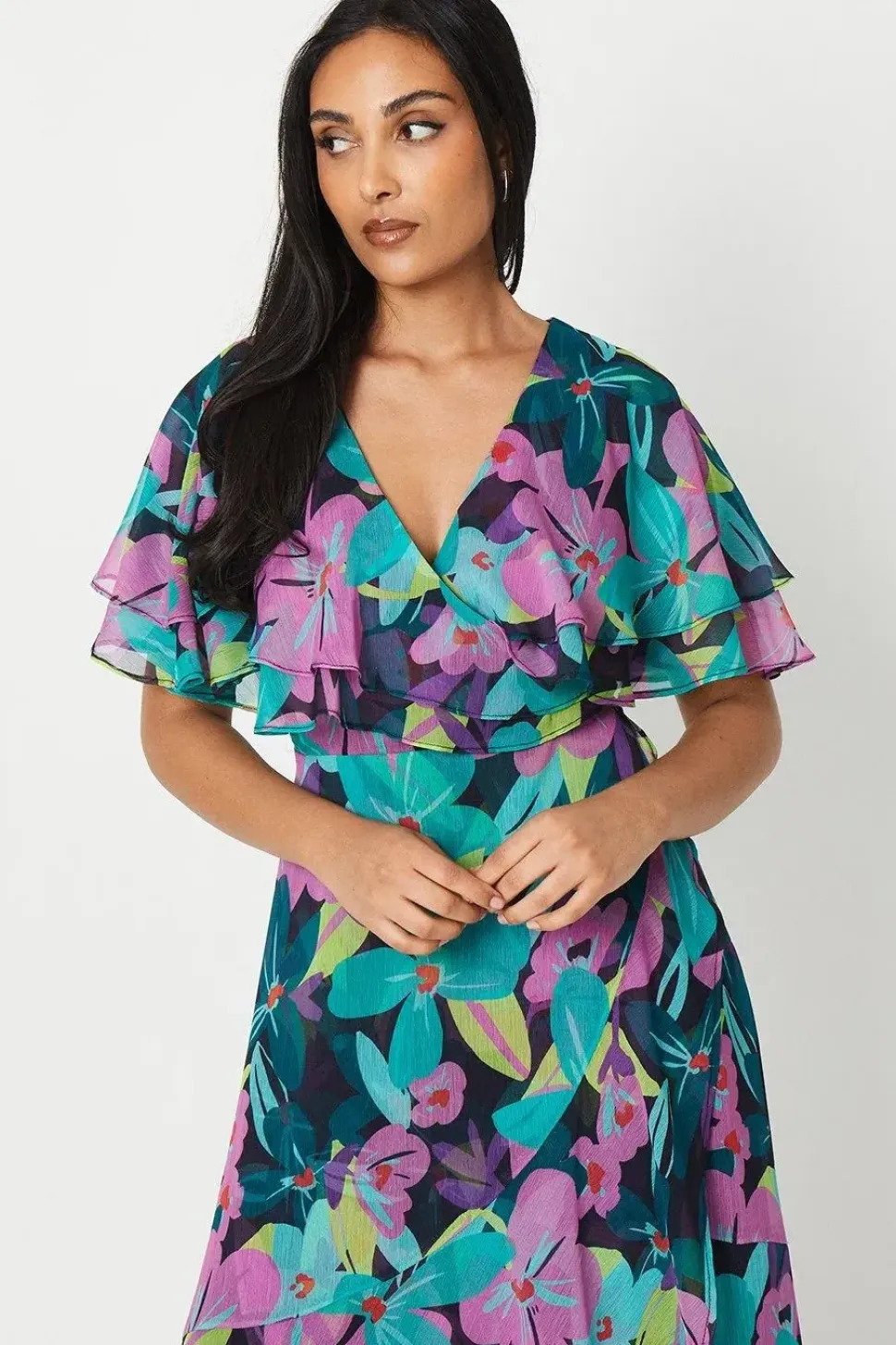 Petite Floral Print Ruffle Sleeve Wrap Maxi Dress