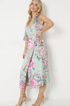 Petite Floral Print Satin Wrap Midi Dress
