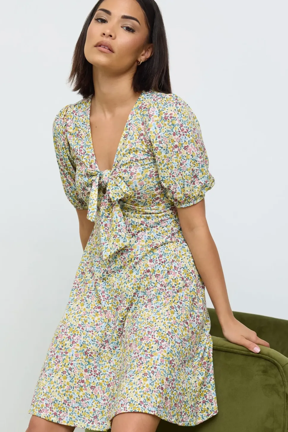 Petite Floral Print Tie Front Mini Dress
