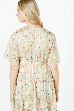 Petite Floral Ruffle Burnout Stripe Tiered Mini Dress