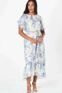 Petite Floral Ruffle Metallic Sleeve Belted Midaxi Dress