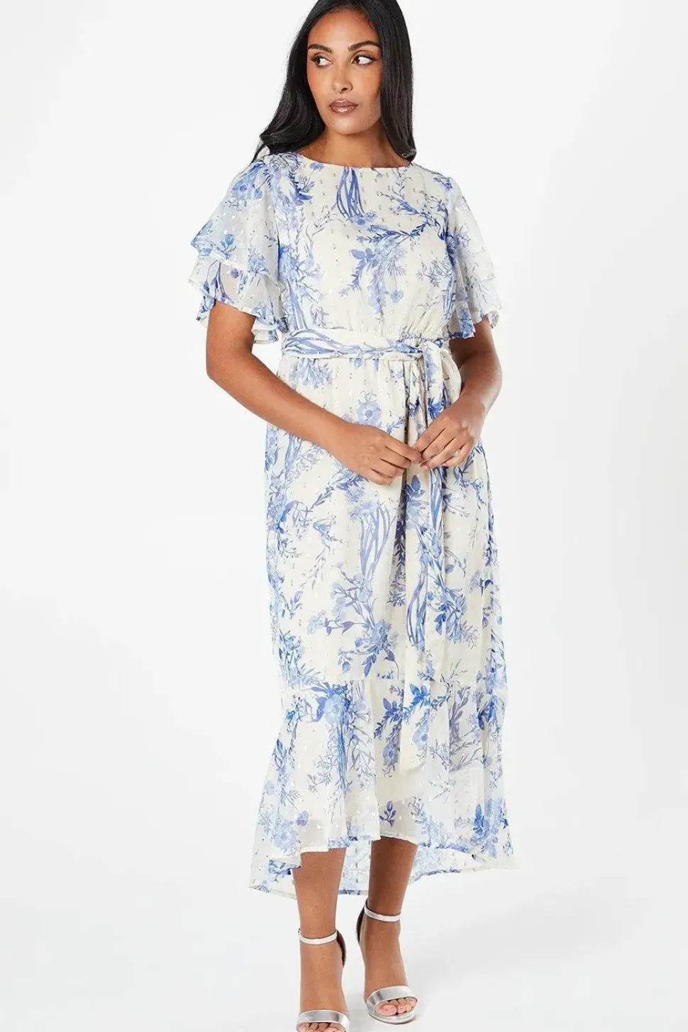 Petite Floral Ruffle Metallic Sleeve Belted Midaxi Dress