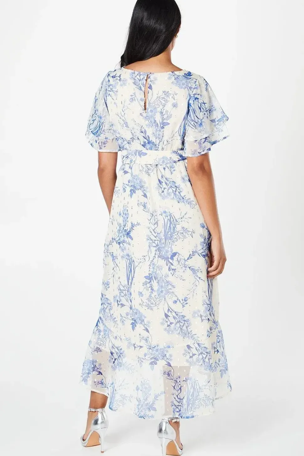 Petite Floral Ruffle Metallic Sleeve Belted Midaxi Dress