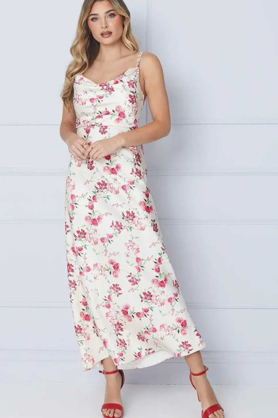 Petite Floral Satin Cowl Double Strap Midi Dress