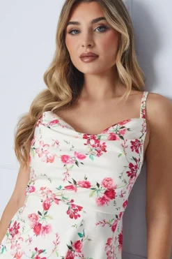 Petite Floral Satin Cowl Double Strap Midi Dress