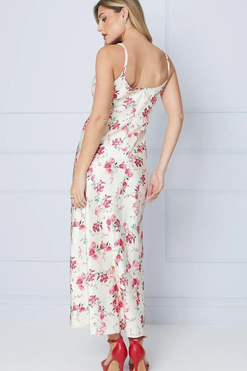 Petite Floral Satin Cowl Double Strap Midi Dress