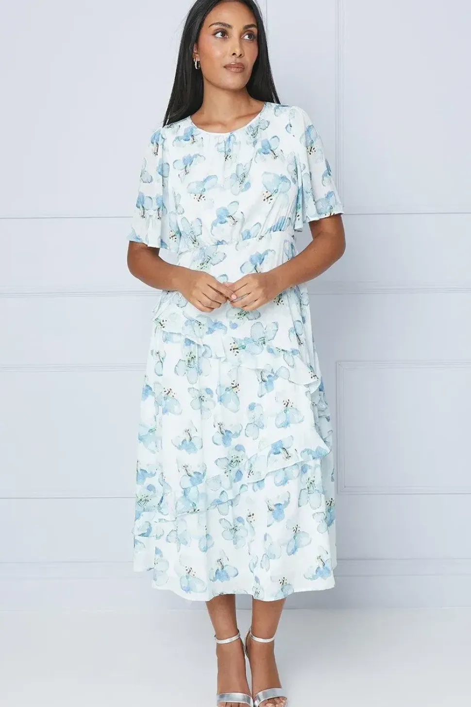 Petite Floral Satin Ruffle Midi Dress