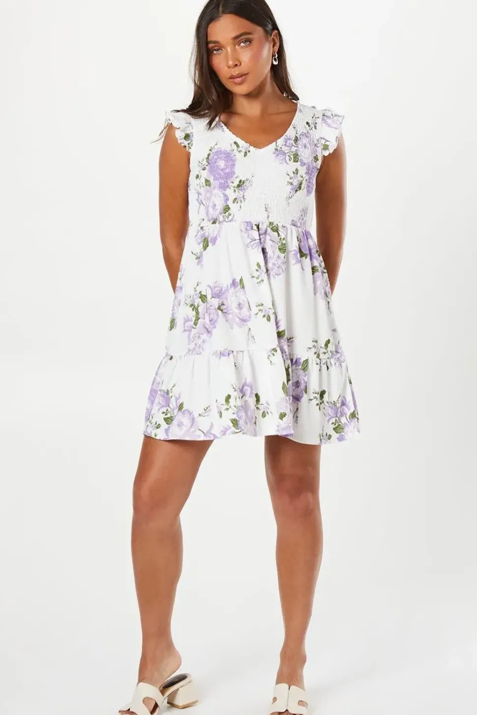 Petite Floral Shirred Bodice Mini Dress