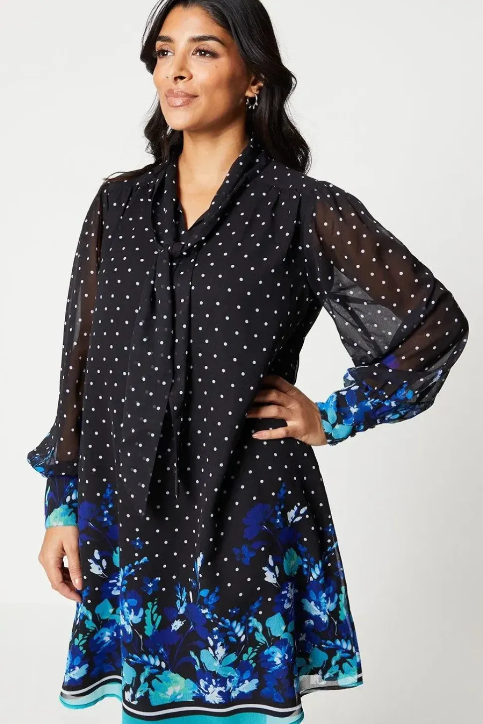 Petite Floral Spot Pussy Bow Shift Dress